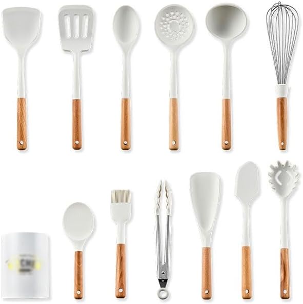 12 Piece Kitchen Tool Set with A Milky White Wooden Handle Silicone Kitchenware