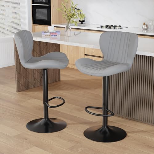 Shintenchi Bar Stools Set of 2 Modern Swivel Bar Chairs, Counter Height Faux Leather Metal Barstools, Upholstered Island Chairs with Back and Footrest, Grey by Shintenchi - Image 5