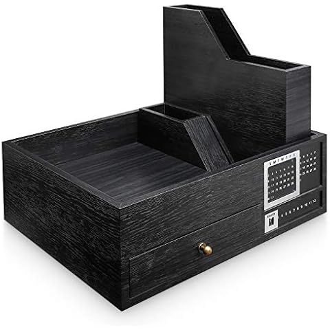 Seelux Wooden Desk Organizer with Perpetual Calendar Stationery Pen Holder Drawer Tidy Storage Sorter for A4 Papers File Document Magazine, Black (Reusable) Cover
