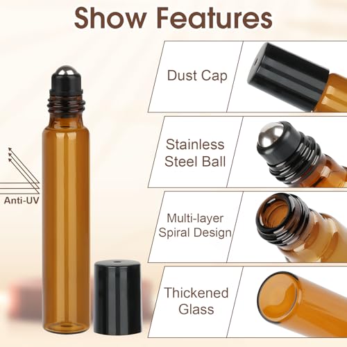 24 Stück Roll on Glasflaschen für Ätherisches Öl, 10ml Roll on Flasche Leer mit Edelstahl-Ball, Braune Rollon Flaschen mit Öffner,Tropfer, Strohhalm, Etiketten für Ätherische Öle, Parfüm, Massage