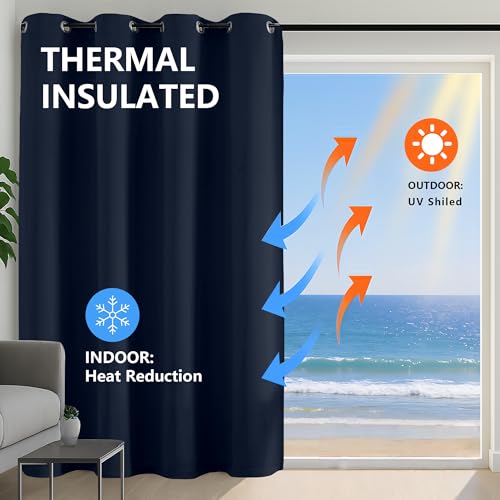 Image of Simplebrand Navy Blue Extra Long 10ft Curtains for Patio 120 Inches Long 2 Panels Set, Room Darkening Light Blocking Solid Thermal Insulated Energy Saving Grommet Noise Reducing Curtains, 50 Wx120 L