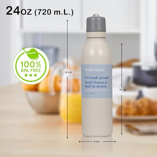 Image of Water Bottle for Office Use - Leak Proof Stainless Steel Bottle with Built-In Straw, 24oz, BPA Free, Easy Carry Loop, Durable for Daily Hydration (Ivory, 720 ML)