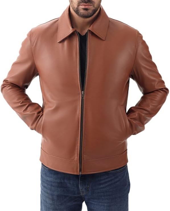 Men's Polo Collar Leather Jacket - Classic Style, Everyday Wear, Genuine Lambskin Leather