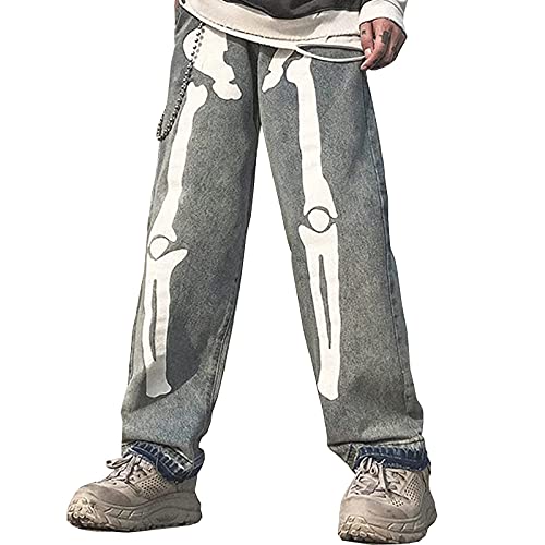 Women Y2K Bell Bottom Baggy Jeans High Waist Wide Leg Straight Demin Cargo Pants E Girl Fashion Trousers Streetwear (A1-Gray Skull,XX-Large)