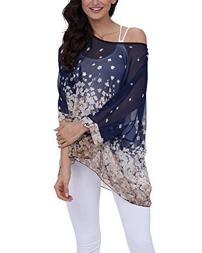 Plus Size Floral Chiffon Batwing Sleeve Tunic Blouse Boho Off-Shoulder Beach Cover Up Loose Summer Tops for Women
