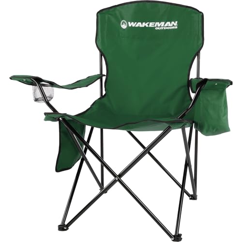 Camping Chair - 300lb Capacity Folding Chair with Cupholder and Built-In Cooler - Oversized Heavy Duty Outdoor Camp or Beach Chair by Wakeman (Green)