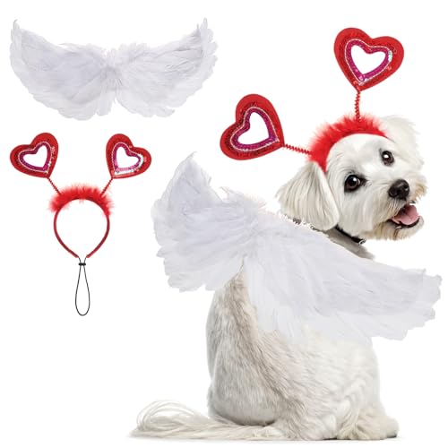 KOOLTAIL Valentine's Day Cupid Dog Heart Headband Costume, Pet Feather Wings Outfit for Small Medium Large Dogs Cats Puppy, Funny Dog White Red Cosplay Mantle Apparel for Holiday Party
