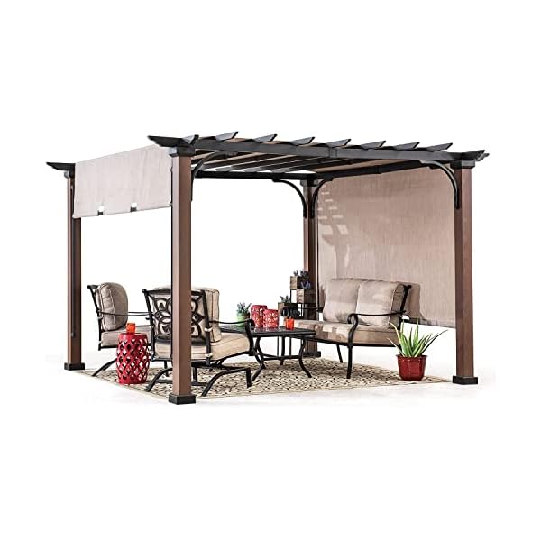 Sunjoy Outdoor Pergola 11 x 11 ft. Black Steel Pergolas with Retractable Tan Sun Shade Canopy for Patio, Backyard, Garden Activities by SummerCove