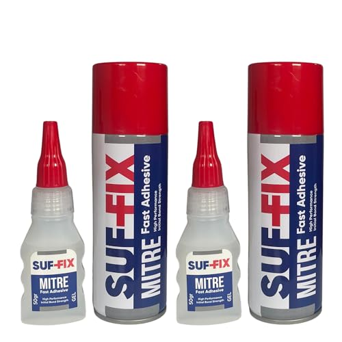 SUF-FIX 2x Mitre Fast Adhesive Spray and Gel Kit | 50g Superglue Adhesive & 200ml Activator Spray | 10-Second Instant Bond | Strong Glue for Wood, MDF, Plastic, Rubber, Glass, Leather & Metal