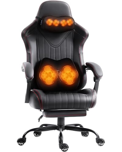 Dowinx Gaming Stuhl mit Massagefunktion, Ergonomisch Gestaltet Gaming Sessel mit Lendenwirbelstütze und Nackenstütze,Gaming Chair bis 135 kg Höhenverstellbar, Leder Geeignet für Erwachsene,Black