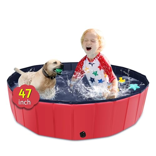 Image of CACSPS Foldable Dog Pool, 47 inch x 12 inch Kiddie Pool with Hard Plastic, Non-Slip Dog Bath Tub for Outdoor Backyard, Collapsible Dog Swimming Pool for Kids Dogs Pets (Red)