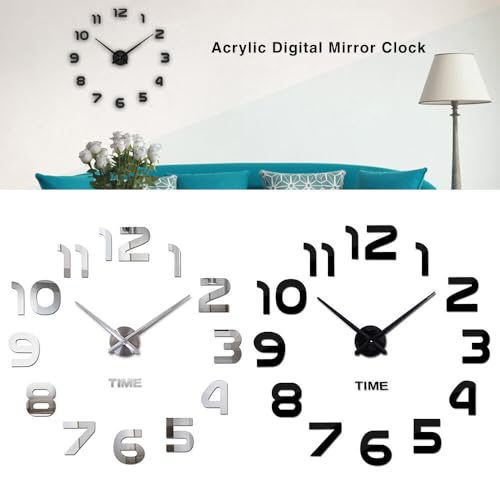 Image of Analog, Acryalic Large Diy Wall Clock, 3D Mirror Number Stickers Large Wall Clock Kit Mute Frameless Modern Design For Home-Black 002