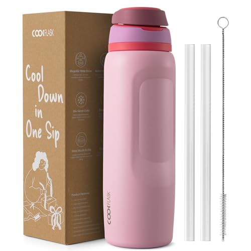 Coolflask MegaSip Insulated Water Bottle 40 oz with Straw, Stainless Steel Water Bottles Leak-Proof, 24+ Hours Cold, BPA-Free Dishwasher Safe, Water Flask for Sports Gym Work Office, Blush Pink
