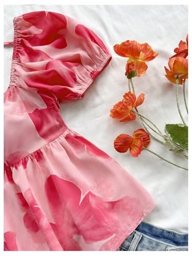 Girl's Floral Print Puff Short Sleeve Blouse Square Neck Boho Ruffle Peplum Shirt Tops4