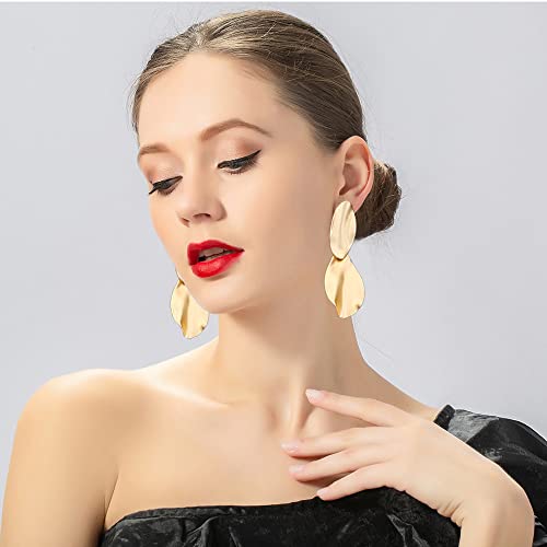 Matte Gold Hammered Long Drop Clip On Earrings Large Unique Statement Clip Earrings For Women #TOP1