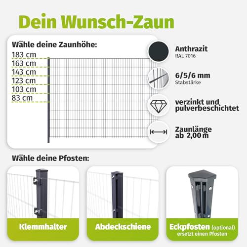 HORI Doppelstabmattenzaun Drahtstärke 6/5/6 mm Komplettset - je Gittermatte 201 cm - wahlweise mit Eckpfosten - verschiedene Längen und Höhen - Anthrazit Höhe 183 cm, Länge 2 m