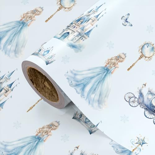 LeZakaa Princess Wrapping Paper Roll for Girls Fairytale Castle Gift Wrap with Princess Dress Carriage Crown Pattern for Birthday Baby Shower Christmas Party Mini Roll 17in x 16.4Ft