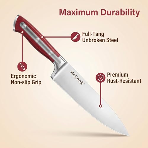 Image of McCook Knife Sets, High Carbon Stainless Steel Kitchen Knife Block Sets with Built-in Sharpener, 15 Piece, Forged Triple Rivet,Full Tang, Elegant Red & Stylish Wooden Block for Modern Culinary