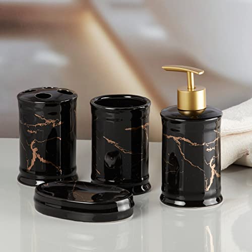 Image of SaSaSa Ceramic Bathroom Accessories Set of 4 Modern Bath Set with Soap Dispenser & Toothbrush Holder, Luxury Home & Gift Idea, Black /Gold (8228)