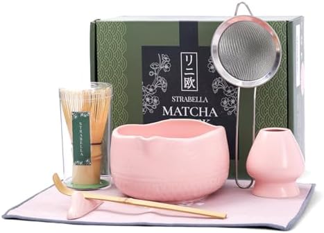 7-Piece Matcha Whisk Set – Ceramic Bowl with Spout, Bamboo Whisk & Holder, Scoop, Sifter, Tea Towel – Complete Ceremonial Tea Kit (Pink)
