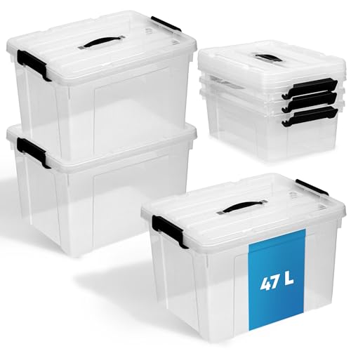 Schmacht® 3-er Set Aufbewahrungsboxen mit Deckel I BPA Frei I Mit oder Ohne Tragegriff | Aufbewahrungsbehälter mit verstärkter Bodenstruktur (Mit Tragegriff - Transparent, 47l)