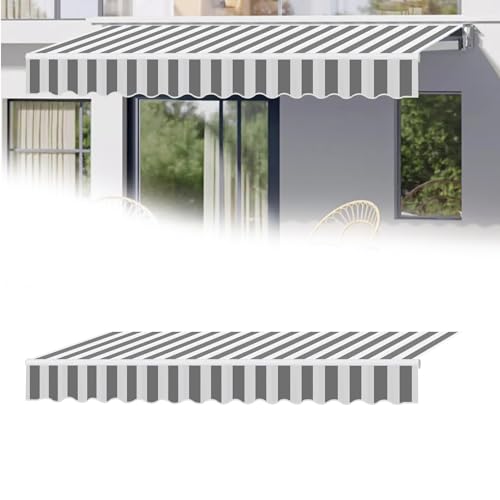 Outdoor Waterproof Patio Awning Canopy with Grey Stripes Fabric Top Cover and Front Valance for Home and Commercial Use Garden Sails Shade Protection 22.9x4.9ft
