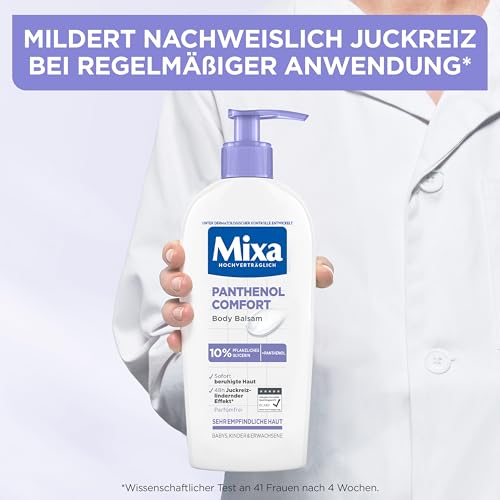Mixa Panthenol Body Lotion XXL, juckreizlindernder und beruhigender Balsam, mit Panthenol und pflanzlichem Glycerin, für empfindliche, sensible Haut, mildert Juckreiz Mixa Panthenol Comfort, 400 ml