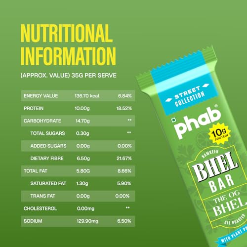 Image of PHAB Protein Bhel Bar - OG Bhel Flavour | Savoury Roasted Snack with Bhel & Chana Chor | 10g Protein, <150 Cal, Gluten-Free, No Palm Oil | (Pack of 6 x 35g)