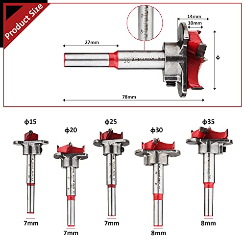 Hphope Forstner Bit Set 5Pcs Adjustable Positioning Drill, 15/20/25/30/35Mm Forstner Bits For Wood Drilling, Cemented Carbide Woodworking Hole Saw With Depth Stoper (Depth Range 10-40Mm) #TOP1