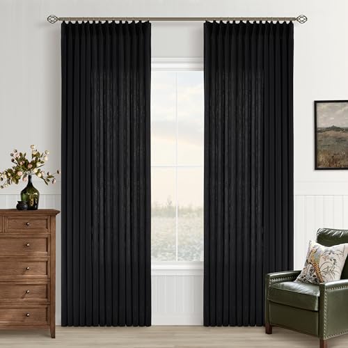 Image of Black Pinch Pleated Semi Sheer Linen Curtains 84 Inch Long for Bedroom | Light Filtering Privacy, Living Room Glass Door, Faux Textured, Pinch Pleat Hook Rings Memory Shape, Luxury Elegant Modern