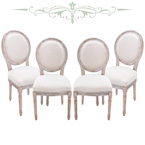 Colamy Vintage Farmhouse Dining Chairs Set Of 4, Upholstered French Country Dining Room Side Chairs With Round Back, Distressed Wood For Kitchen Living Room Bedroom, Beige #TOP18