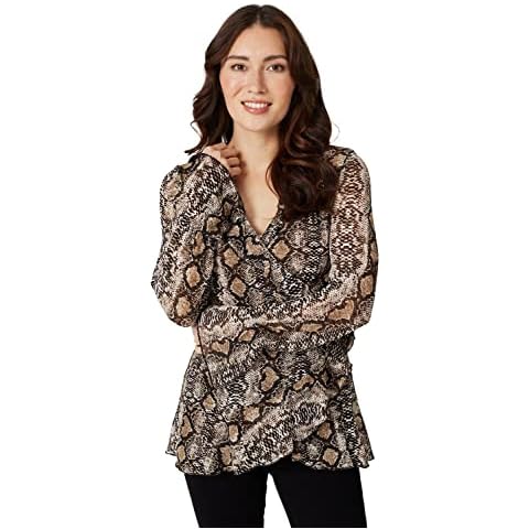 Izabel London Snake Print Long Sleeve Blouse for Women UK with v-Neck Long Sleeves and Peplum Shape. Brown Cover