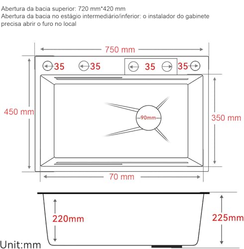 Pia de Aço Inoxidável Polido 75x45cm Pia de Cozinha Tipo Cascata em Inox com Estação de Trabalho Tor