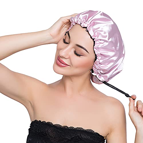 Image of Stain Bonnet Silk Sleep Cap Adjustable Satin Cap for Night Sleeping Hair Bonnet Reversible Double Layer