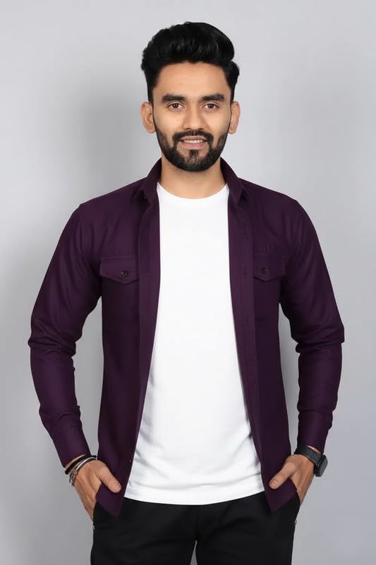 Image of DEELMO Men Solid Slim Fit Casual Overshirt Style Shirt | Full Sleeve Button-Down Layering Shirt Smart Casual Look