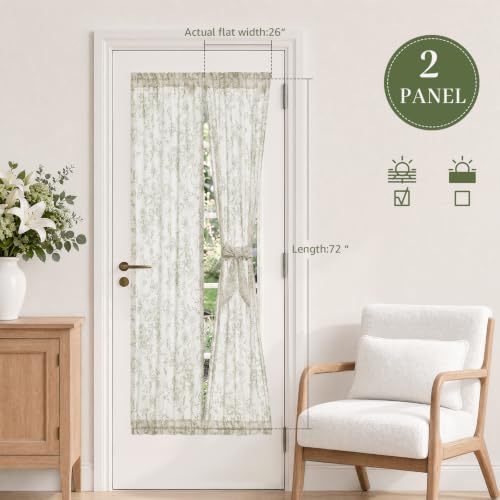 Image of jinchan Floral Sidelight Curtains for Front Door, 26x72, 2 Panels | 25% linen blend, green floral print, light filtering, rod pocket, tiebacks, washable, for front door sidelights