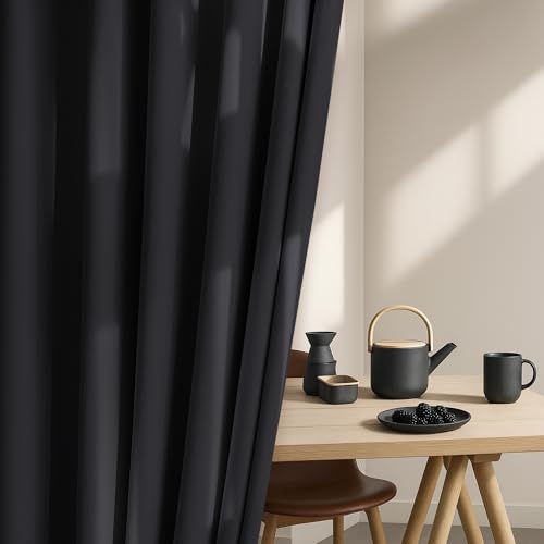 Image of FMFUNCTEX 100% Blackout Curtains for Bedroom, Black Curtains 63 Inch Length Textured Thermal Insulated Curtains for Living Room Drapes, Black Out Drapery Grommet Room Darkening 2 Panels