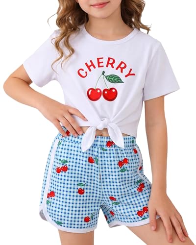 Image of Jecson Girls Summer Outfits 2Pcs Kids Clothes Girls Tie Knot Front Tops T-Shirts and Casual Short Sets 5-12Y