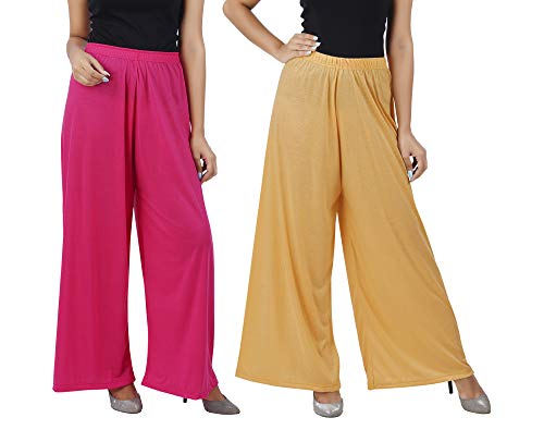 Image of Buy That Trendz M to 4XL Cotton Viscose Loose Fit Flared Wide Leg Palazzo Pants for Women Rani Pink Dark Skin Combo Pack of 2