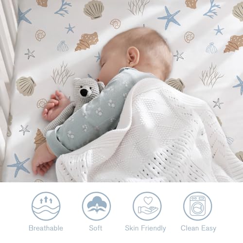 Image of Little Grape Land Crib Sheets 2 Pack, Microfiber Fitted Crib Sheet for Standard Crib Mattress 52 inchx28 inchx8 inch, Soft and Neutral Baby Crib Sheets for Boys and Girls, Breathable & Easy Care, Seashell Haven