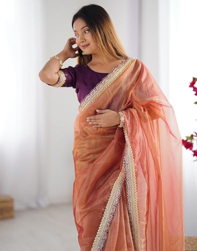 Image of SIRIL Women's Shimmer Net Lace Border Dual Tone Saree with Unstitched Blouse Piece