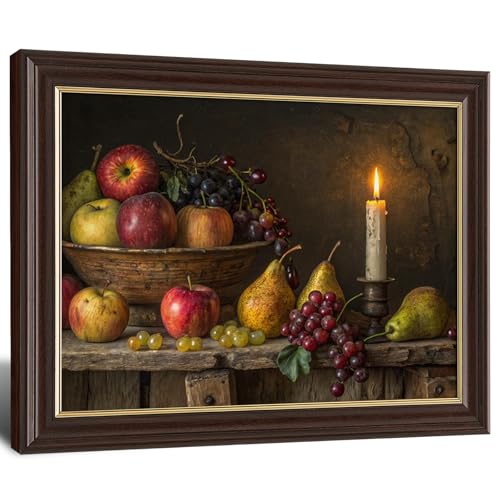 Image of Antique Framed Fruit Still Life Canvas Art, Candlelit Rustic Farmhouse Oil Painting Canvas Prints, Vintage Kitchen Wall Decor Pictures for Living Room Bedroom Home