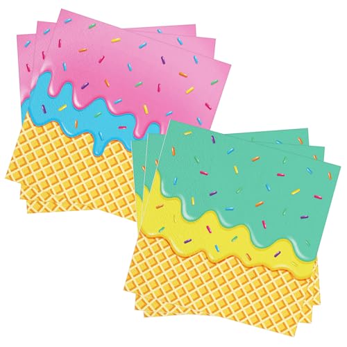 50 Count Ice Cream Cone Paper Napkins 25 Pink and 25 Green Disposable Dessert Napkins with Sprinkle Design for Kids Birthday Summer Party Sweet Shop and Ice Cream Theme Decorations