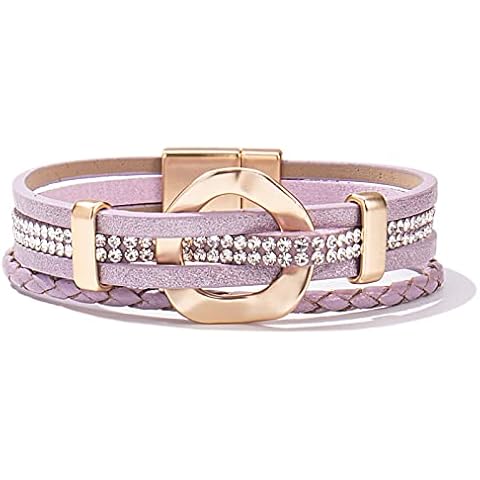 FANCY SHINY Leather Cuff Bracelet Circle Rhinestone Wrap Bracelet Stackable Multi Layer Wristband with Clasp Boho Jewelry Gift for Women(Purple) Cover