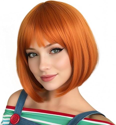PARXITN Bob Perruque avec frange Orange Perruque de cheveux synthétiques longueur d'épaule Perruques ondulées pour femmes