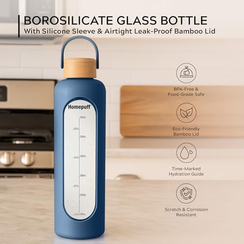 Image of Home Puff Borosilicate Glass Water Bottle With Silicone Cover Sleeve (1000ml) | Airtight, Leak-Proof Bamboo Lid, BPA-Free, Eco-Friendly, Reusable Bottle for Fridge, Gym, Travel, Office, Home (Blue)