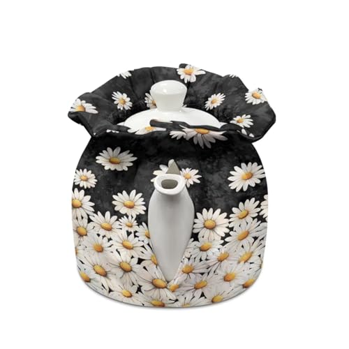 Image of Tea Cozy for Teapot Black Cat Daisy Print Tea Kettle Dust Cover Keep Warm Breakfast Warmer with Drawstring Kitchen Decorations
