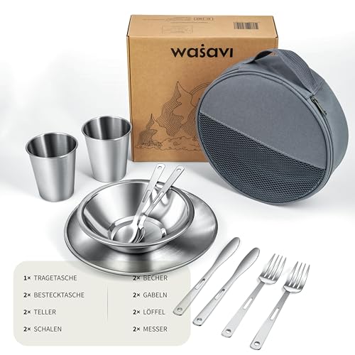 Campingbesteck Set – Camping Geschirr Set mit Edelstahl Besteckset, Tellern, Schalen und Bechern. Inklusive Bestecktasche. Tragbares Geschirrset für Outdoor, Picknick, Grillen [15-teiliges 2 Personen]