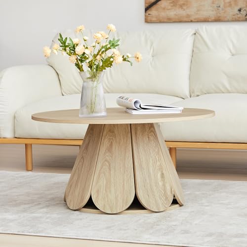Image of Round Coffee Table, Modern Farmhouse Wood Circle Center Table with Pedestal Base for Small Space, Living Room, Apartment, Natural