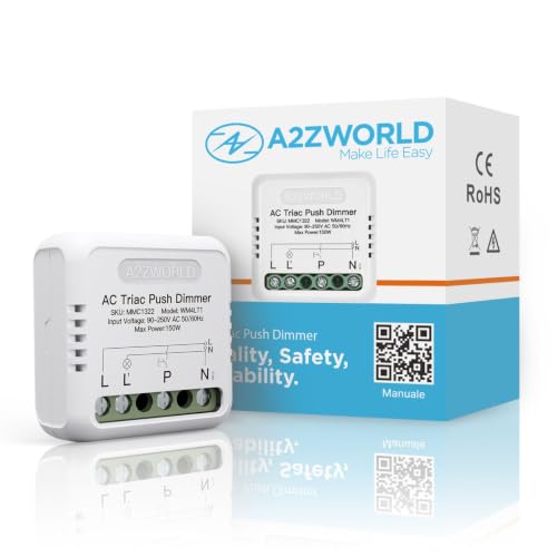 Push AC TRIAC Dimmer 220V 150W, Taglio di Fase con Pulsante, Comando Fase o Neutro, Regolabile 10-100%, Sincronizzabile con Memoria, Montaggio Incasso e Guida DIN, LED Dimmerabile